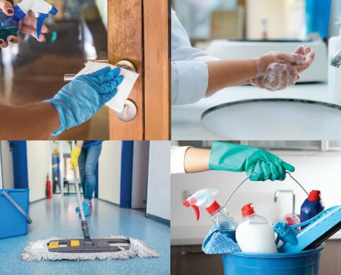 Four smaller images of sanitizing an office